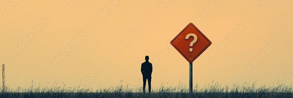 Poster businessman standing in field at sunset contemplating a decision with question mark sign, representi