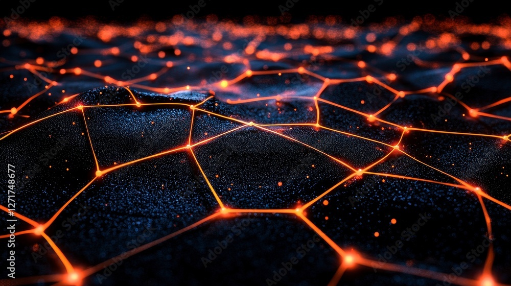 Poster abstract digital network glowing hexagons on dark textured surface