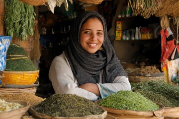 Smiling saleswoman selling herbs and spices in traditional market