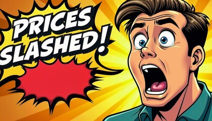 MIND-BLOWING PRICE DROP! Close-up of a shocked comic book character with wide eyes and dropped jaw, featuring bold “PRICES SLASHED!” text in explosive font and swirling motion lines conveying disbelie