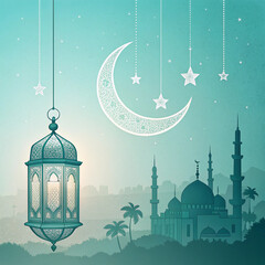 elegant golden moon with mosque Ramadan Kareem background, Flat design ramadan kareem background