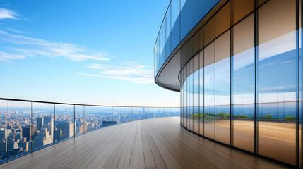 Fototapeta premium panoramic view of futuristic glass building with sleek design, showcasing spacious balcony overlooking vibrant city skyline. bright blue sky enhances modern aesthetic