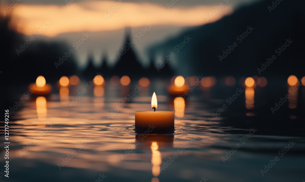 Poster experience serenity: a captivating evening scene with floating candles on water, creating a tranquil
