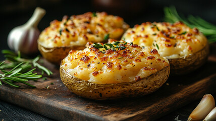Baked potatoes with garlic and cheese.