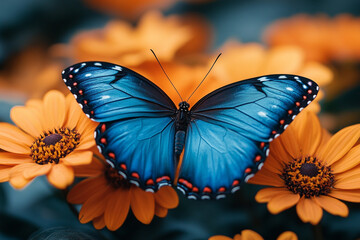 Fototapeta premium Vibrant butterfly on radiant orange daisies, a dreamy garden scene
