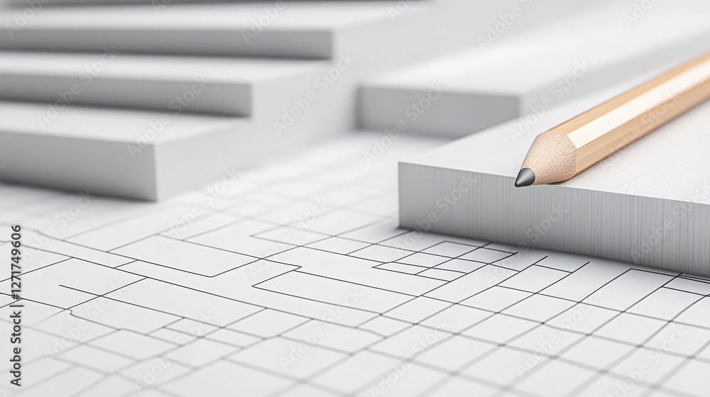 Poster close up view of pencil resting on blueprint with geometric lines, showcasing creative workspace. im