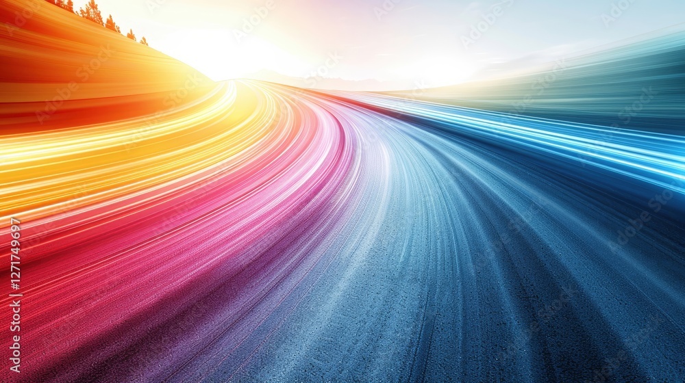 Poster bright lines in blue red and yellow swirl across a white background creating a sense of motion. this