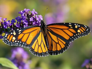 Obraz premium Vibrant Butterfly Macro Photography on Purple Wildflower with Soft Morning Light and Bokeh Background