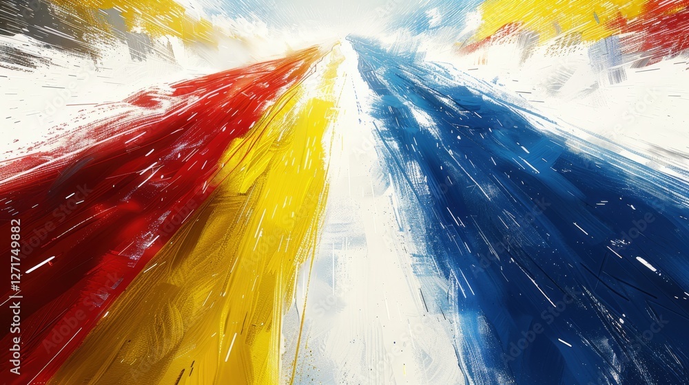 Poster vibrant lines in blue red and yellow streak across a bright white backdrop creating an energetic and