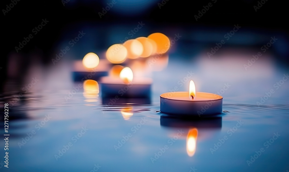 Poster serenity in stillness: a tranquil display of floating candles casting their warm glow on water at du