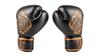 Two black boxing gloves with gold accents