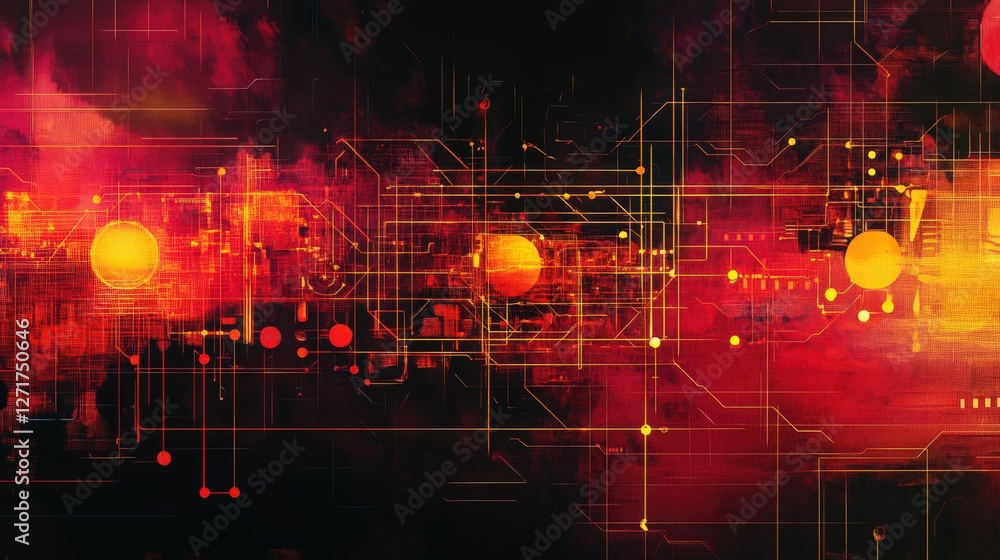 Poster abstract technological circuit board design with glowing red and yellow