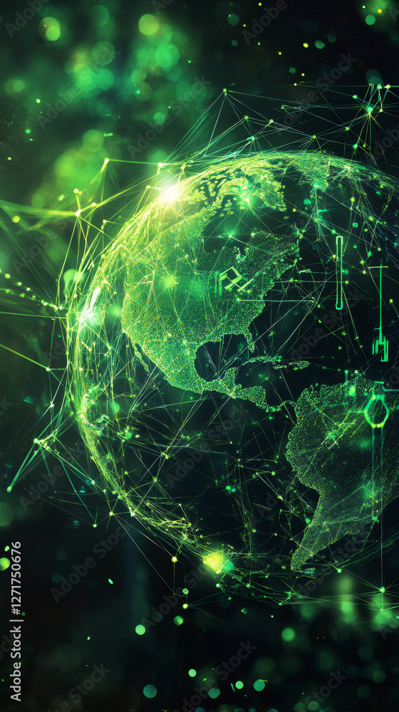 Poster planet earth spinning amid digital network, glowing connectivity points illustrating worldwide techn