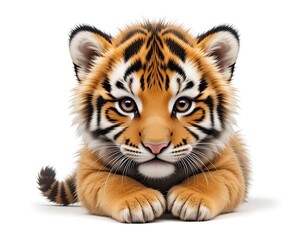 Fototapeta premium Beautiful cute fluffy tiger cub on white background.