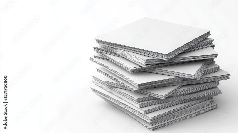 Poster stack of blank paper sheets arranged neatly in grayscale tones, creating minimalist and clean aesthe