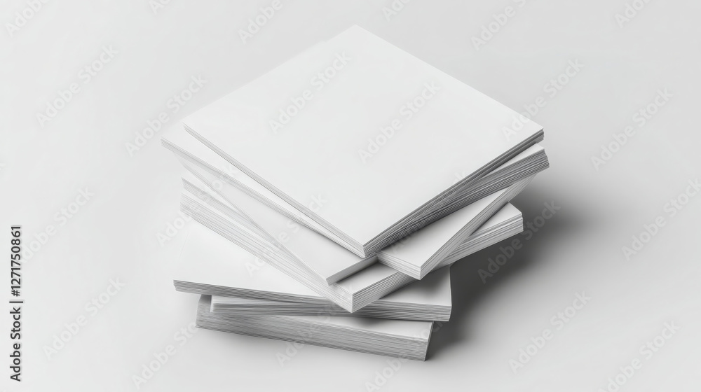 Poster stack of blank paper sheets arranged neatly in grayscale tones, creating minimalist aesthetic. this 