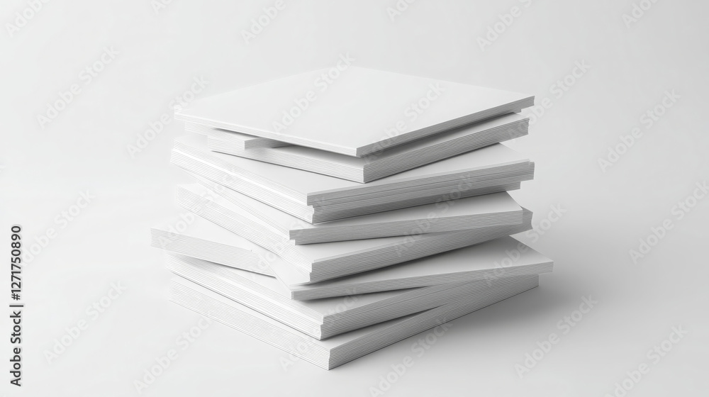 Poster stack of blank white paper sheets arranged neatly, showcasing clean lines and minimalist aesthetic. 