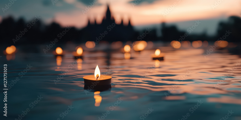 Poster experience tranquility: floating candles on water at dusk create a serene atmosphere perfect for ref