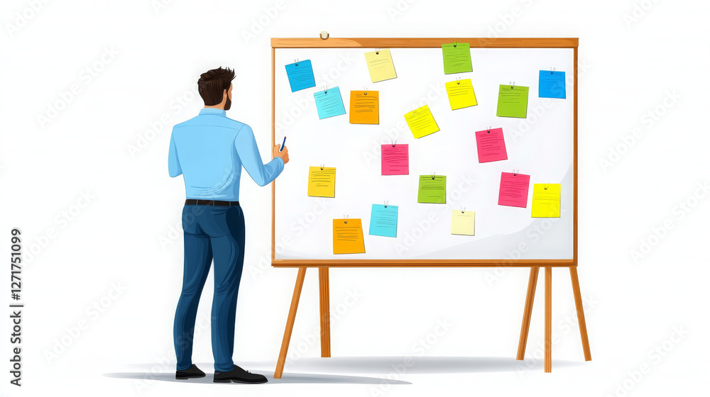 Poster man standing in front of bulletin board covered with colorful sticky notes, engaged in organizing id