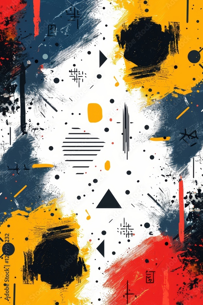 Poster colorful abstract lines in blue red and yellow dash across a minimalist white background. this vibra