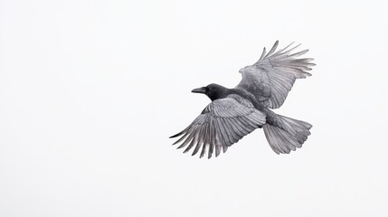 A single crow flapping its wings aggressively, flying away into an overcast sky