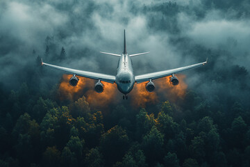 Airplane Emerges from Atmospheric Forest, Powerful Ascent