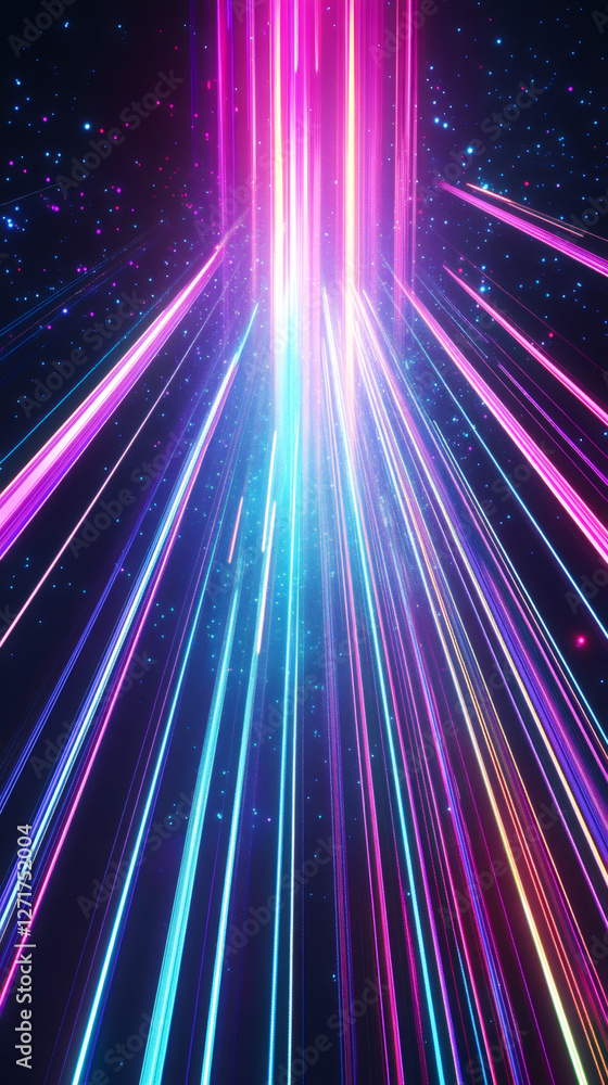 Poster Neon light streams converging at spatial focal point, glowing particles swirling, generating futuristic digital energy visualization