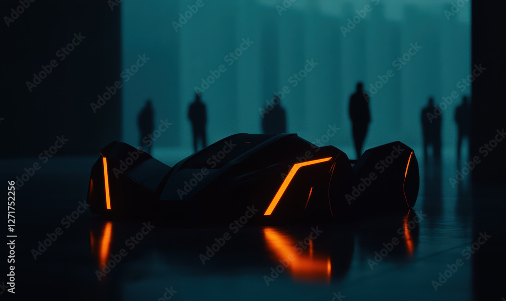 Poster exploring futuristic vehicle design: a dark and luminous masterpiece captured in urban landscape wit