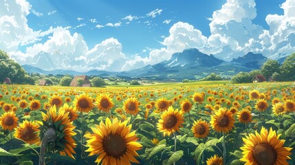 Obraz premium A sunflower field glowing in the golden afternoon light, blue sky with fluffy white clouds, cinematic realism