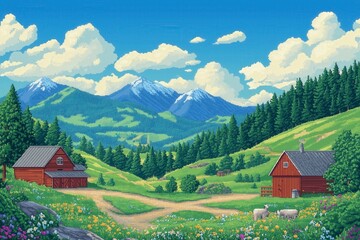 Fototapeta premium Pixel Art Serene Mountain Landscape with Red Barns and Lush Green Fields