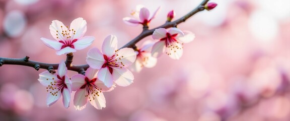 Obraz premium A close up of a branch with pink flowers. The flowers are in full bloom and the branch is thin. Concept of beauty and serenity