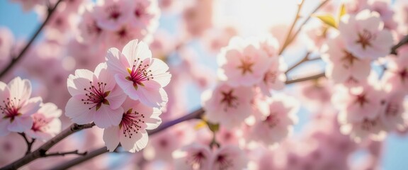 Obraz premium A close up of a branch with pink flowers. The flowers are in full bloom and the branch is thin. Concept of beauty and serenity