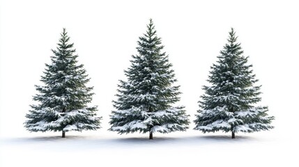 Snow-covered Evergreen Trees Against White Background in Winter