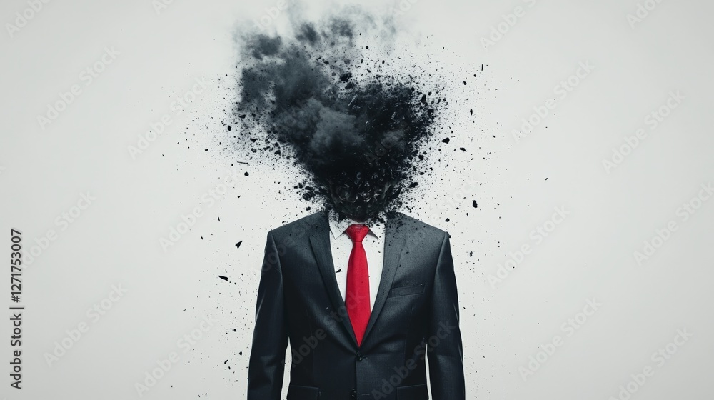 Poster businessman exploding head is suffering from stress and burnout, experiencing information overload a
