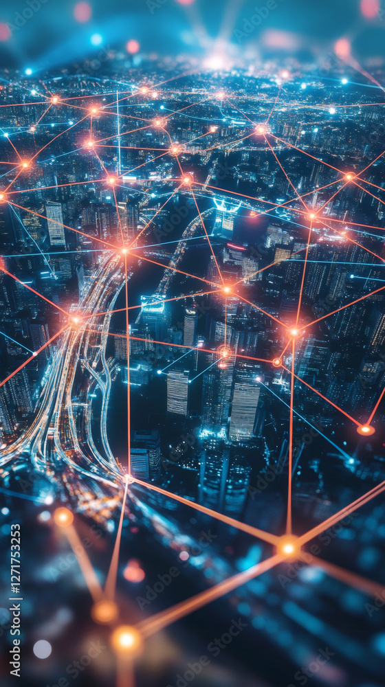 Leinwandbilder aerial view of a futuristic network connecting buildings and roads in a smart city at night, symboli