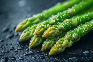 Fresh Asparagus Spears with Water Droplets on a Dark Textured Surface