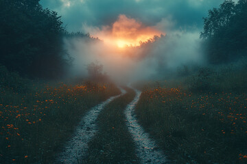 Fototapeta premium Ethereal Pathway, A Misty Trail Through Fields of Orange Blossoms