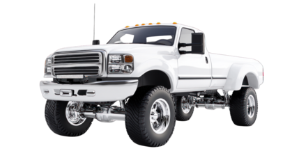 A white pickup truck with a black bumper and chrome trim