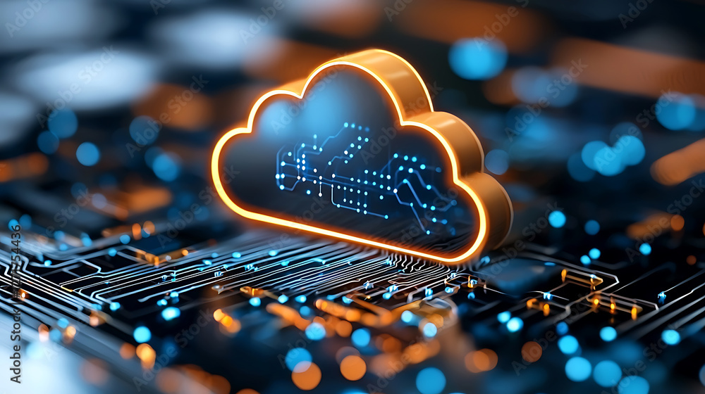 Poster innovative cloud computing technologies digital environment graphic design futuristic setup close-up