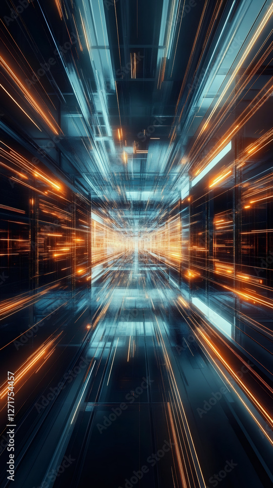 Poster Futuristic tunnel with glowing lines and reflections, creating a sense of speed and movement, ideal for technology or science fiction concepts