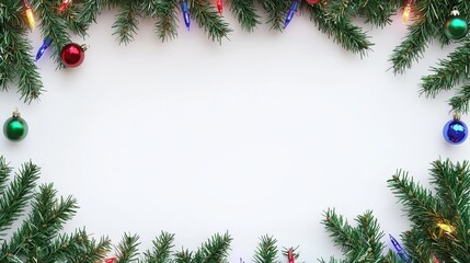 Colorful lights, ornaments, and greenery decorate a soft winter background during the holiday season