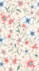 An intricate floral seamless pattern in watercolor style, showcasing soft pastel pinks, blues, and greens, with delicate line work and a slightly faded aesthetic, ideal for .