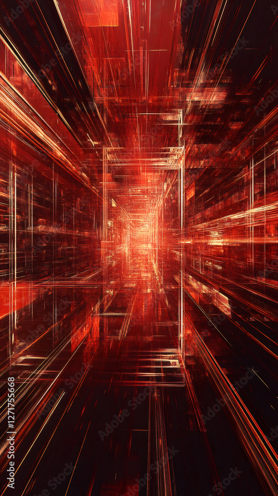Fototapete Glowing red lines converge towards a vanishing point, creating a futuristic tunnel effect with a sense of depth and perspective