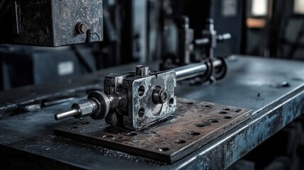 Fototapeta premium Close-up of intricate industrial machinery, showcasing precision metalworking tools. High-quality image of a modern manufacturing facility in action.