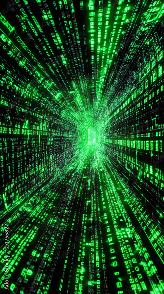 Poster digital green rainfall cascading through dark cybernetic tunnel, generating matrix-like binary data 