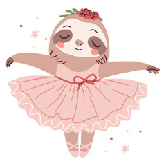 Cute sloth ballerina dancing ballet, ballet tutu. Flat vector illustration in simple child style . Vector illustration