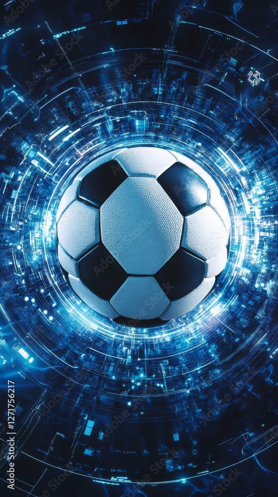 Aufkleber Digital circuits glowing around soccer ball, visualizing technological innovation merging with athletic performance