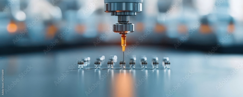 Poster robotic systems assembling syringes in a pharmaceutical factory closeup view of automated production
