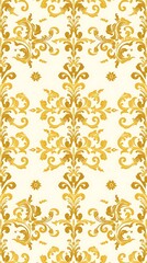 An elegant seamless pattern of repeating damask designs, rendered in a classic style using gold and ivory color tones, featuring intricate details and a symmetrical layout, .