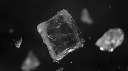 A clear ice cube suspended in mid-air against a dark background.